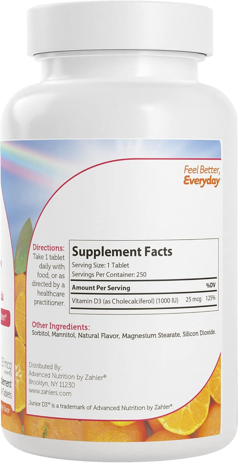 Zahler Junior D3 Vitamins 1000 IU - Chewable Vitamin D3 for Kids - Vitamin D for Kids to Support Bone, Teeth & Immune Health - Kosher Kids Vitamin...