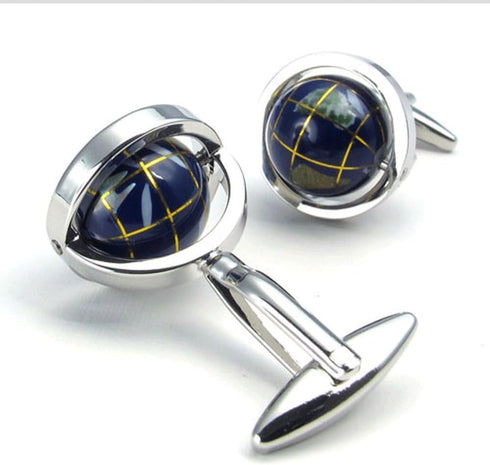 LBFEEL Really Spins Rhodium Plated Blue Globe Earth Cufflinks for Men with a Gift Box...