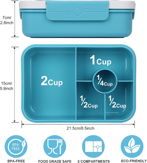 Bento Lunch Boxes for Adults, Blue, 5 Compartment Lunch Box Containers, Reusable & Leakproof, 9 x 6.5 x 2.7 in...