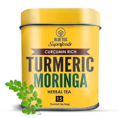 BLUE TEA - Turmeric Tea - Moringa - 15 Count - Pyramid Plant Based Tea Bag | CURCUMIN RICH - HERBAL BLEND | Caffeine Free - Gluten Free - Herbal T...