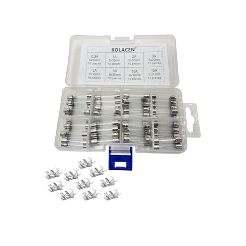 Quick Fast-Blow Glass Tube Fuse 6 x 30 mm Assorted Kit 0.5Amp 1Amp 2Amp 3Amp 5Amp 8Amp 10Amp 15Amp (Pack of 80) + 10 Pieces Fuse Clips Holder...
