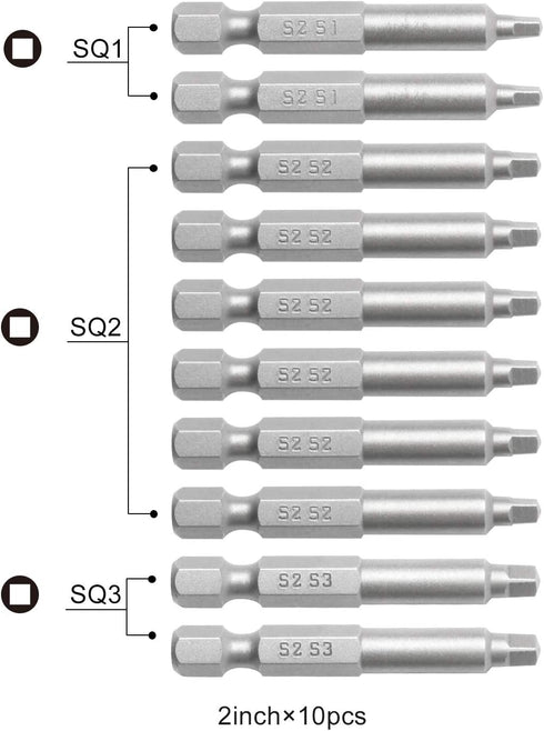 Assorted screwdrive bits, 2 In. Square #1, #2, #3, S2 Steel, 10 pieces...