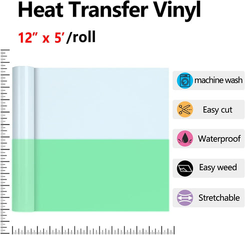 RENLITONG Luminous Green Glow in The Dark Heat Transfer Vinyl HTV Rolls -12" x 5ft Iron on Vinyl for T-Shirts Costumes, PU Elastic HTV Vinyl for A...