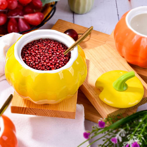 Sugar Bowls with Lid and Spoons, Pumpkin Shape Ceramic Sugar Bowl with Sugar Spoon and Lid for Home and Kitchen, Elegant Design, Yellow, 10.5 OZ (...