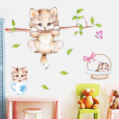 Kiddale Cute Cat Wall Decals,Removable Cat Tree Branches Butterfly Wall Stickers for Kids Rooms Nursery Playroom Home Decoration...