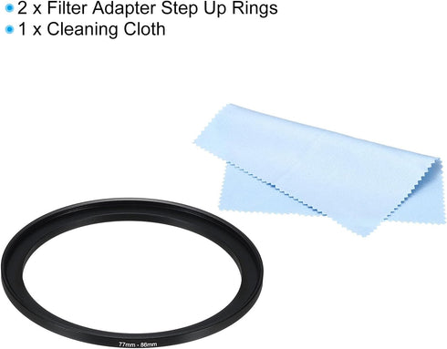 PATIKIL 77mm-86mm Metal Step Up Ring with Cleaning Cloth, 2 Pack Camera Lens Filter Adapter Ring Aluminum Filter Adapter Ring for Camera Lenses Ho...