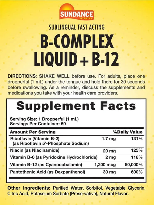 Vitamin B Complex Liquid | with B-12 | Berry Flavor | Essential Sublingual Vitamins | Vegetarian, Non-GMO, and Gluten Free Supplement | by Sundanc...