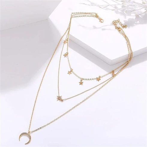 Boho Layered Star Necklace Choker Gold Crescent Moon Pendant Necklace Rhinestone North Star Necklace CZ Star Charm Festival Celestial Necklace Jew...