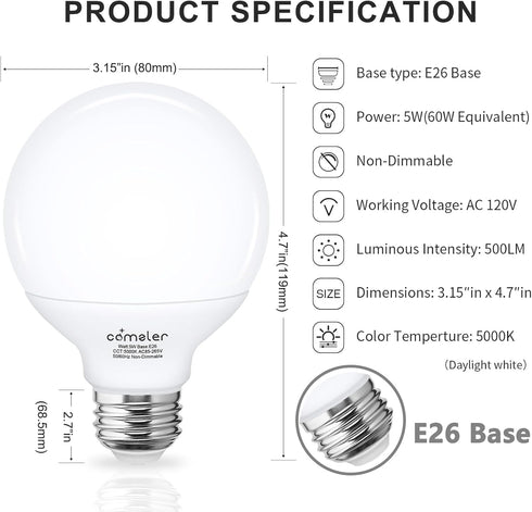 comzler 8 Pack Bathroom Light Bulbs 5000K Daylight, 60 watt Equivalent Light Bulb, E26 Medium Base, G25 LED Globe Light Bulbs for Bathroom Vanity ...
