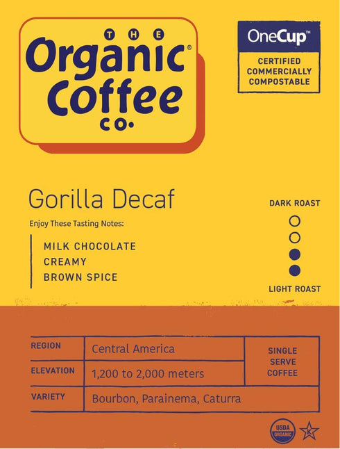 The Organic Coffee Co. Compostable Coffee Pods - Gorilla Decaf (12 Ct) K Cup Compatible including Keurig 2.0, Medium Roast, Swiss Water Processed,...