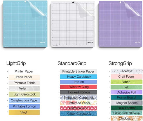 Nicapa Replacement Cutting Mat for Silhouette(12x12 inch 3pack-Standardgrip?Lightgrip?Stronggrip) Adhesive&Sticky Non-Slip Flexible Square Gridded...