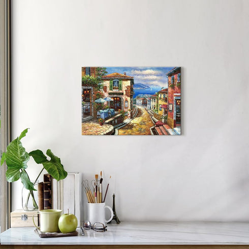 Italian Cityscape Abstract Wall Art Artwork: Mediterranean City Italy Street Towns Picture Painting on Canvas for Paris Cafe Room(12X16)...