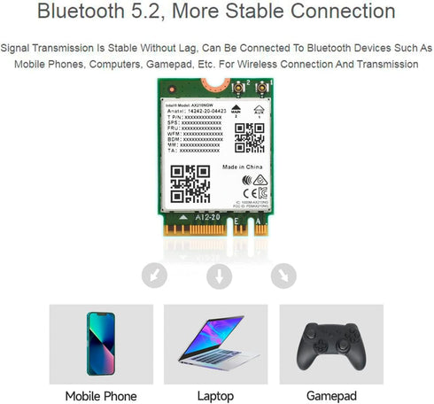 Wireless AX210 NIC, Gigabit Tri-Band Wi-Fi 6E, 802.11AX Standard, Bluetooth 5.2, AX210 NGW Wifi Card, MU-MIMO NGFF (M.2 A/E Key) Interface,Support...