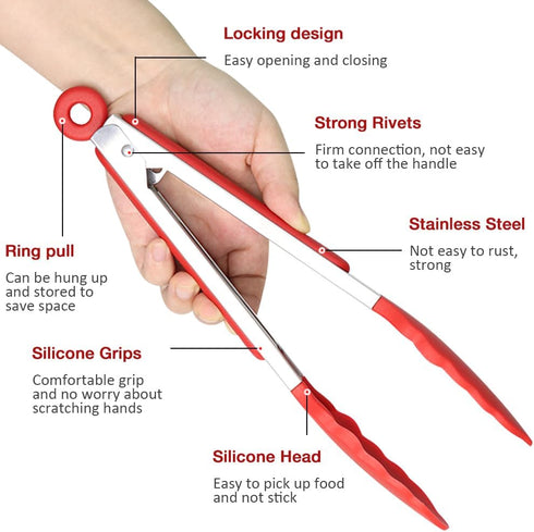 9 Inch Small Kitchen Tongs Set of 3, Silicone Cooking Tongs with Silicone Tips and Stainless Steel Handle, Silicone Tongs for Cooking, Serving(Red...