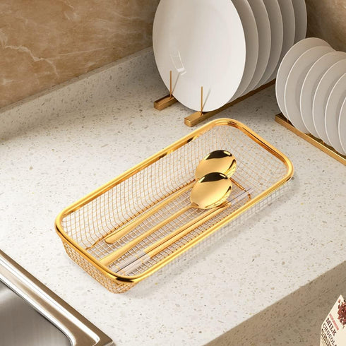 Kitchen Drawer Organizer, BuyGo Stainless Steel Storage Container Gold Metal Cabinet Storage Basket for Holding Silverware Kitchen Utensil, Pack o...