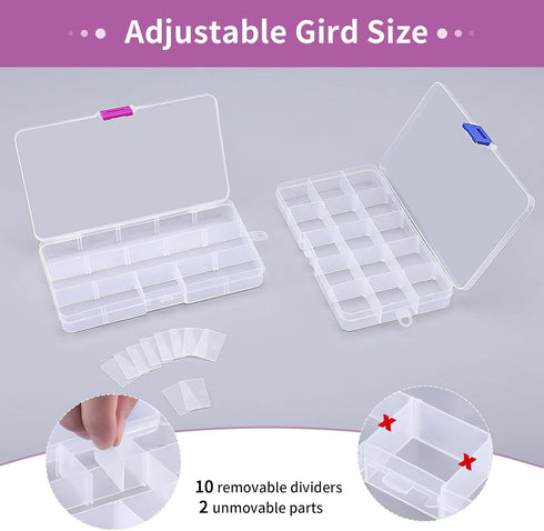 Opret 15 Grids Bead Organizer(4 Pack), Earring Organizer Box, SMALL Plastic Clear Organizing Containers with Adjustable Dividers for Crafts Jewelr...