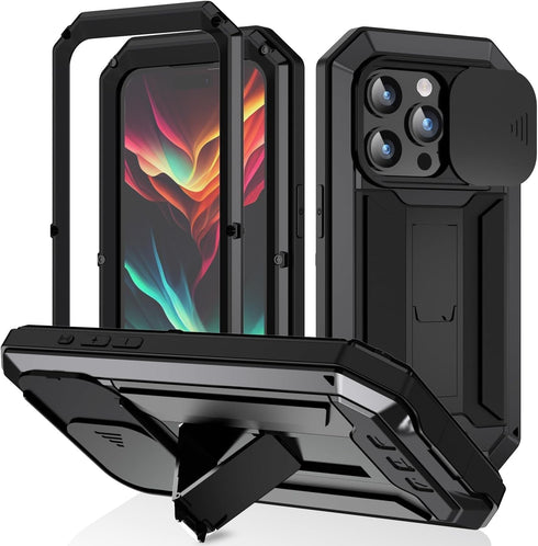 Phone Case for iPhone 15 Pro Max Case with Screen Protector Military Grade Protective Heavy Duty Full Body Cover Metal Bumper Stand Silicone Shock...