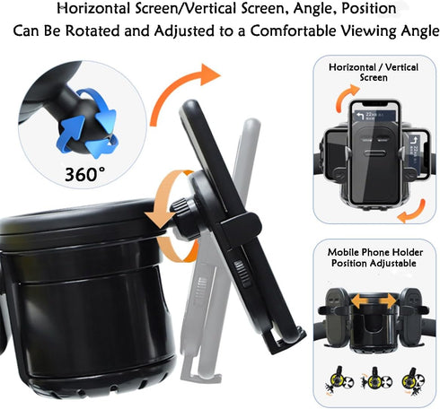 Stroller Cup Holder with Phone Holder,Bike Cup Holder,Freely Rotating and Adjustable 3-in-1 Mobile Phone/Double Bottle Holder for Stroller,Bike,Mo...