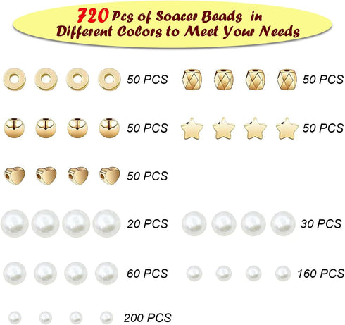 720PCS Pearl Beads for Bracelets Kit, Round Beads for Bracelet Necklaces Jewelry Making Supplies, Pearls Beads with Gold Spacer Beads Holes DIY Cr...