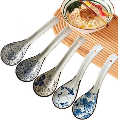 5pcs Asian Soup Spoon, Ceramic Chinese Soup Spoons, Deep Oval Hook Non-slip Japanese Spoons for Rice Ramen Pho Miso Soup Wonton Noodle, Luck and P...