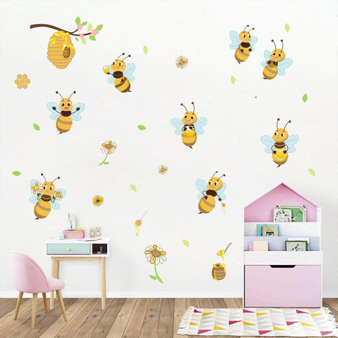 Yellow Bee Wall Stickers Flower Beehive Branch Wall Decals Art Decor for Kids Bedroom Nursery Playroom...
