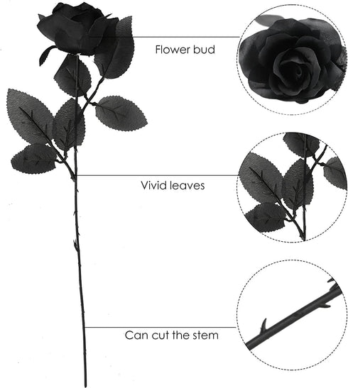 TUZAZO 10pcs Black Roses Artificial Flowers with Stems, Faux Silk Flowers Bridal Gothic Wedding Bouquet, Realistic Blossom Flora for Home, Office,...