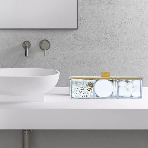 Acrylic Qtip Holder Dispenser with Wood Lid, 3 Compartment Cotton Ball Holder, Bathroom Organizer for Q Tip, Cotton Swab and Cotton Pad Holder, Va...