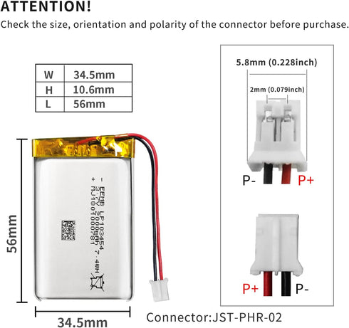 EEMB 3.7V Lithium Polymer Battery 2000mAh 103454 Lipo Rechargeable Battery Pack with Wire JST Connector for Speaker and Wireless Device- Confirm D...