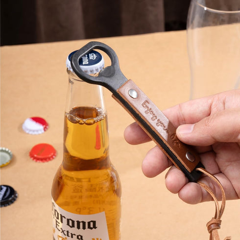 Hand Forged Beer Bottle Opener, Handmade Wrought Iron Metal Bottle Opener, Antique Finish Leather Handle Opener, Unique Beer Gifts for Men Him Dad...