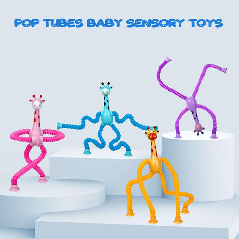4 Pack Telescopic Suction Cup Giraffe Toy, Pop Tubes Baby Fidget Toys, Fine Motor Skills & Creative Learning, Autism Sensory Toys for Kids Toddler...