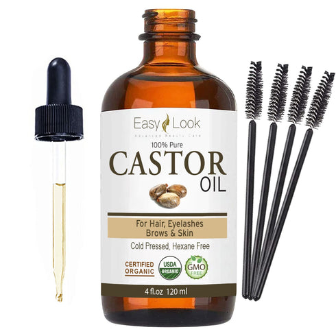 Castor Oil 4oz, USDA Certified Organic 100% Pure, Stimulate Growth for Eyelashes, Eyebrows, Hair. Skin Moisturizer & Hair Treatment Starter Kit...