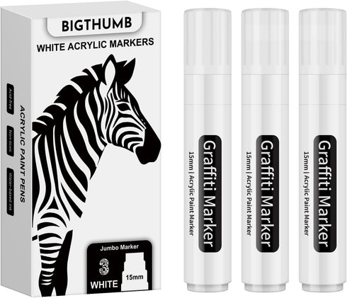 Thick White Jumbo Poster Markers: 3 Pcs 15mm Wide Tip Large Acrylic Paint Pens Big Permanent Graffiti Markers Calligraphy Marker for Rock Painting...