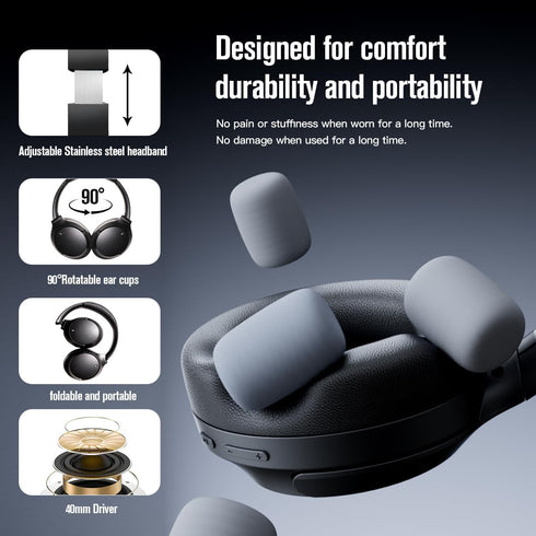 Active Noise Cancelling Bluetooth Over Ear Headphones, Foldable and Rotatable Wireless Wired ANC Headphones with Microphone for Cell Phone,Laptop,...