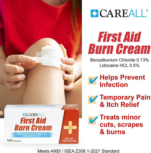 CareAll First Aid Burn Cream 0.9g Packets (Pack of 144) Pain Relieving First Aid Cream for Temporary Relief of Pain from Minor Burns, Cuts, and Sc...