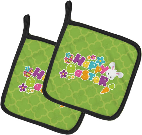Caroline's Treasures BB6900PTHD Happy Easter Green Quatrafoil Pair of Pot Holders Kitchen Heat Resistant Pot Holders Sets Oven Hot Pads for Cookin...