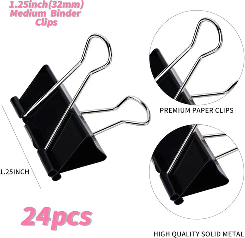 Medium Binder Clips and Paper Clips (24 Pcs) 1.25 Inch,Black Metal Medium Paper Clamps for Office, Home, School...