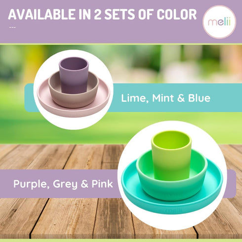 melii Non-Suction Silicone Plate, Bowl and Cup Set for Toddlers, Kids and Children (Purple, Grey, Pink)...