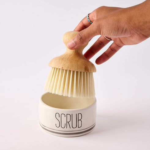 Mud Pie Wooden Scrub Brush and Ceramic Base Set...