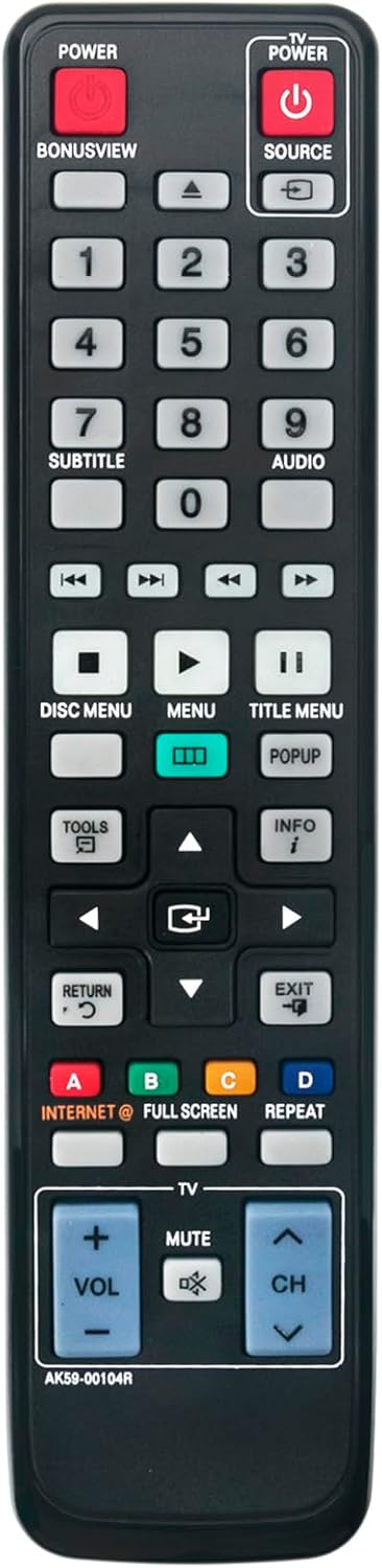 AK59-00104R Replaced Remote fit for Samsung Blu-ray DVD Player BD-C6500 BD-C5500 BD-D6500/ZA BD-D6100C/ZA BD-P1580 BD-P1590M BD-P1595 BD-P1600 BD-...