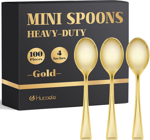 Kucoele 4 Inches Gold Mini Plastic Spoons, 100 Pack Disposable Small Dessert Spoons Heavy Duty Tiny Tasting Spoons for Appetizers, Puddings, Ice C...