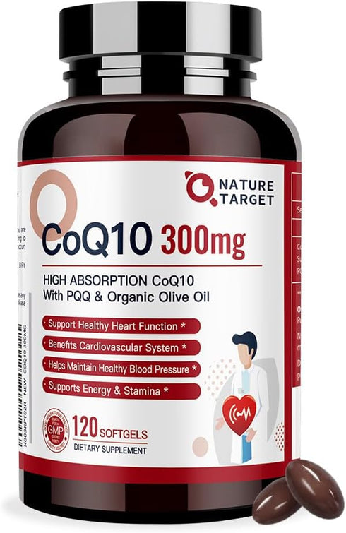 NATURE TARGET CoQ10-300mg-Softgels + PQQ with Organic-Olive-Oil - High Absorption-Coenzyme-Q10 - Antioxidant-for-Heart-Health and Immune Support, ...