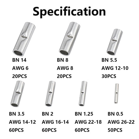 300PCS Non Insulated Butt Connectors Kit,26 to 10 gauge Tinned Copper Butt Splice Terminals,Uninsulated AWG6 8 Crimp Wire Connector...