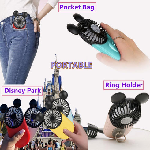 Cute Mouse Personal Mini Fan, Handheld USB Rechargeable Fan with Pretty LED Light, 3 Adjustable Speeds with Portable Holder, for Indoor Or Outdoor...