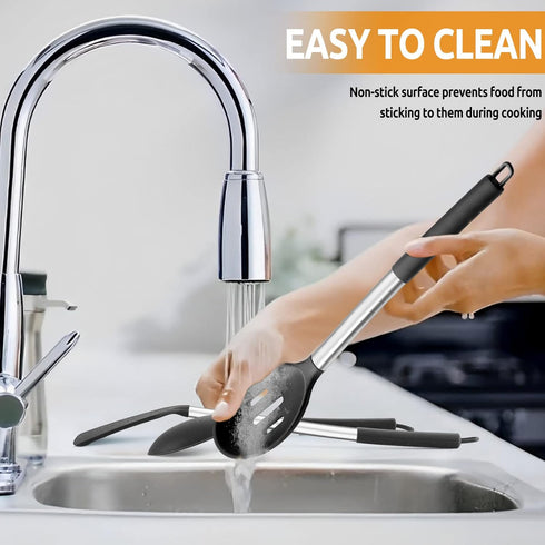 E-far Cooking Utensils Set of 4, Silicone Kitchen Utensils for Non-stick Cookware, Heat Resistant & Non-toxic Slotted Spatula Solid Spoon Turner f...