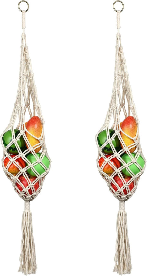 Geiserailie 2 Pieces Hanging Fruit Basket Macrame Hanging Basket Vegetable Breathable Storage decor for Potato Onion and Fruit Storage Boho Decor ...