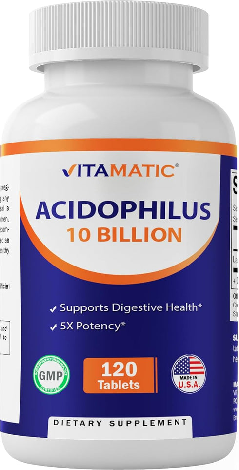 Vitamatic Acidophilus Probiotic - 10 Billion CFU - 5X Potency - Daily Probiotic Supplement, Supports Digestive Health - 120 Tablets...