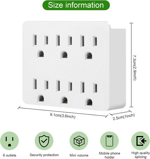6 Outlet Wall Adapter, FiiMan UL Listed 3-Prong Grounded Outlet to The Side, Wall Plug Side Access Adapter, 6 Way Outlet Extender Tap, White (1 Pa...