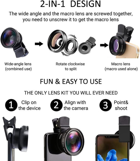 Mcoplus Cell Phone Camera Lens 2 in 1 Clip-on Lens Kit 37mm 0.45X 49UV Super Wide Angle & Macro Phone Camera Lens for iPhone and Android Smartphon...