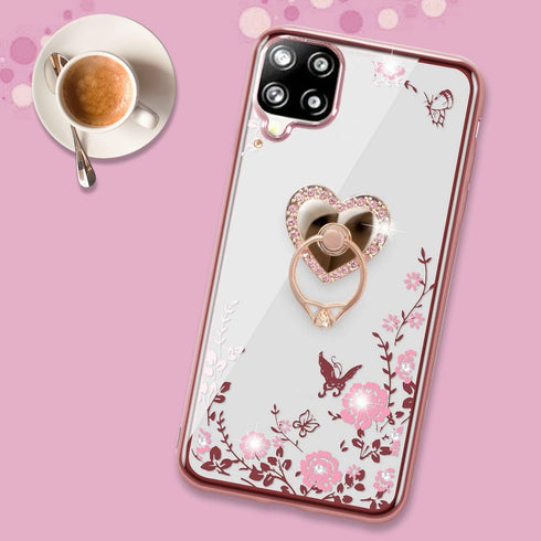 B-wishy for Samsung Galaxy A12 5G Case, Glitter Crystal Butterfly Heart Floral Slim Luxury Bling Diamond Rhinestone Cute Girls TPU Case with Ring ...