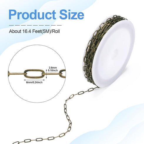 Craftdady 16.4 Feet Antique Bronze Paperclip Link Chain Brass Soldered Oval Cable Cross Chain 6x2.6mm with Spool for Jewelry Pendant Necklace Brac...